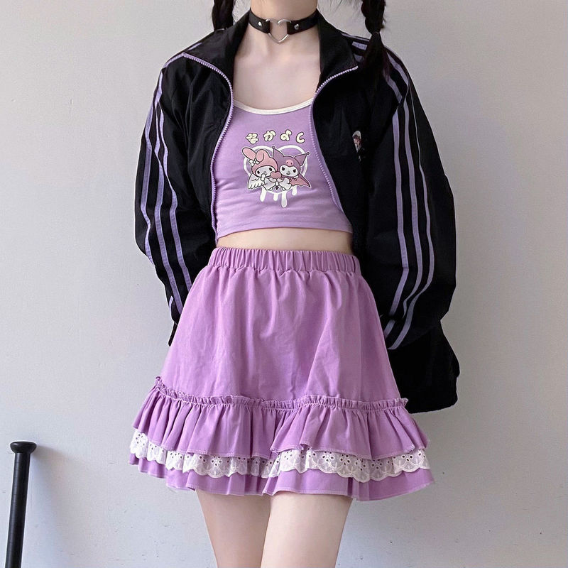 KOSAHIKI High Waist Mini Skirt Japan Cute Sweet Faldas Mujer Moda Quality Lace Patch Pleated Skirts Women Summer Saia 220312