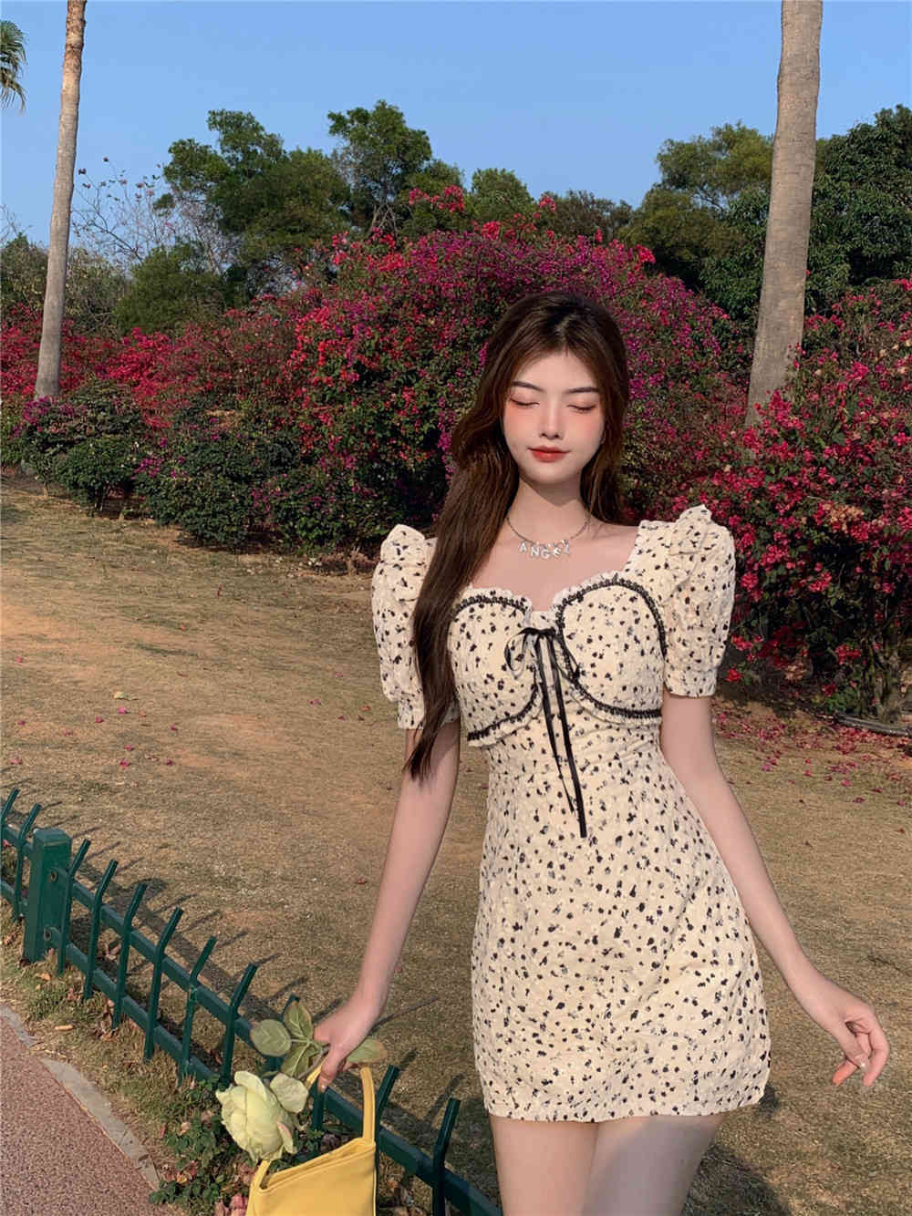 Summer Floral Dress Women French Style Puff Sleeve Chiffon Party Vintage Casual Slim Mini 210519