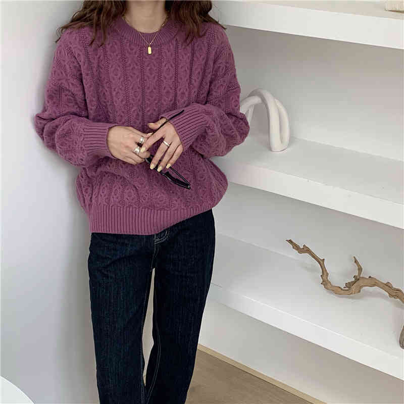 Autumn Winter Bottoming Tops Elegant Solid Twisted Sweater OL Pullovers Loose Warm Knitted Sweaters Woman Clothes 210421