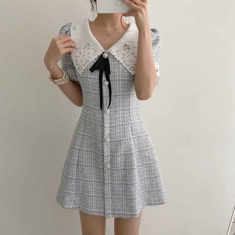 Retro Fashion Summer Women Sweet Bowknot Puff Sleeve Vestidos Elegant Tweed Plaid Chic Mini Dress 210519