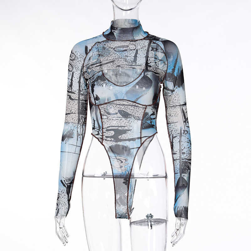 Colysmo Print 2 Piece Set Long Sleeve Turtleneck Crop Top Cut out Bodycon Bodysuit Matching Sets Women Summer Sexy Club Outfits 210527