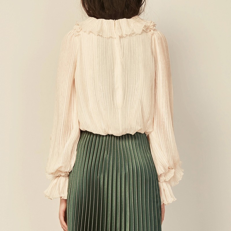 VGH Beige Patchwork Ruffles Women's Shirts Ruffled Collar Butterfly Long Sleeve Loose Slim Female Vintage Top Clothing New 210421