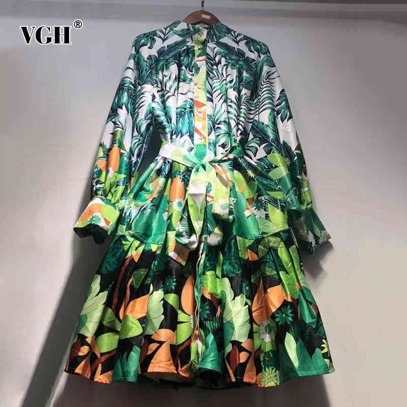 VGH Print Patchwork Ruffle Dress For Women Stand Collar Long Sleeve High Waist Lace Up Vintage Dresses Female Fashion Clothes 210421