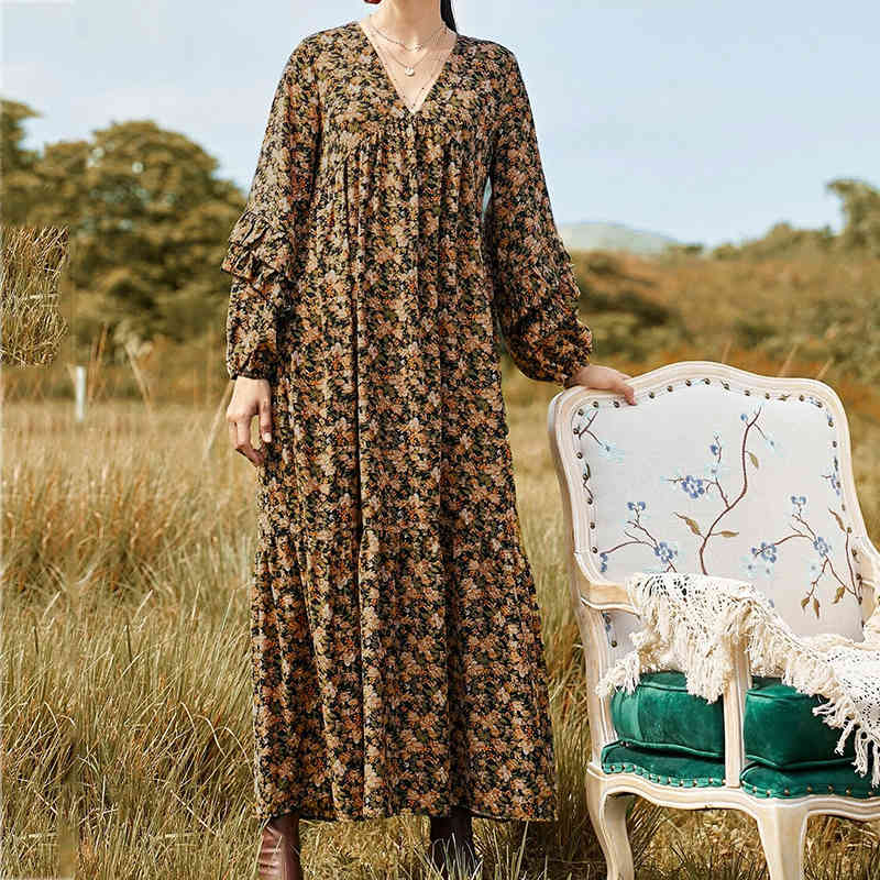 Foridol Floral Print Boho Long Maxi Dress Women V Neck Ruffle Vintage Casual Basic Winter Dresses Loose Dress 210415