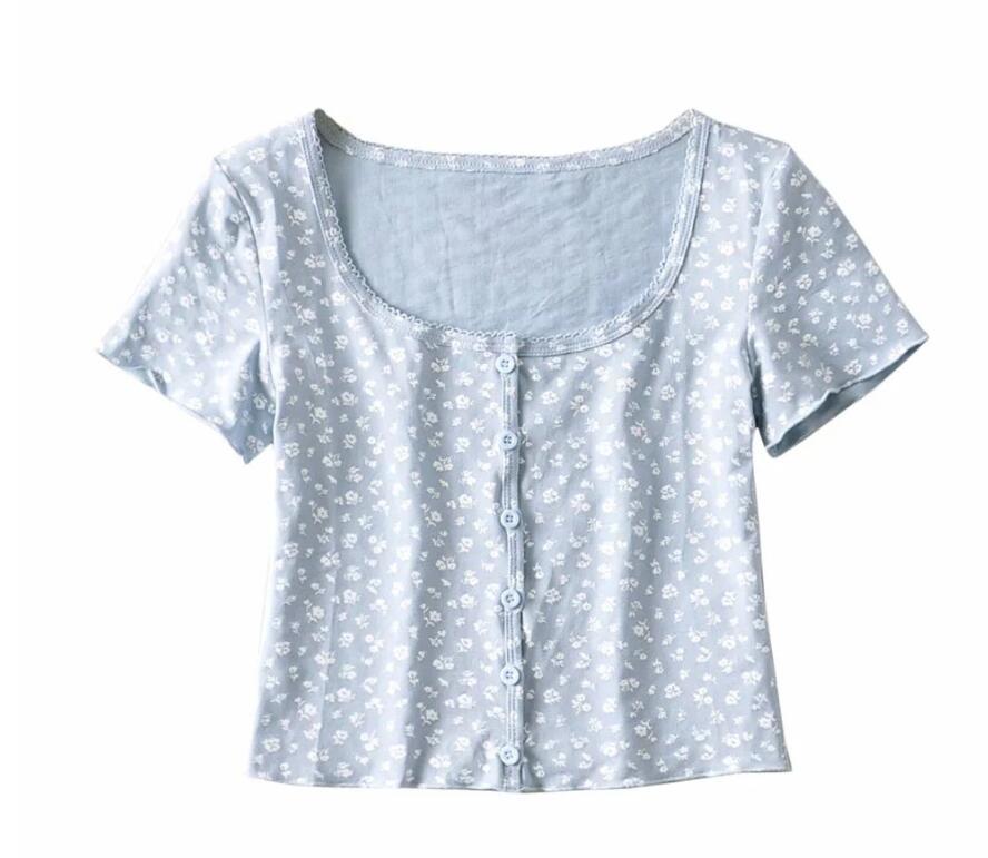 5 Colors CHIC 70s Vintage O neck Floral Short Sleeve Tee Base T-shirts Girl Single-breasted Button T-shirt crop top 210429