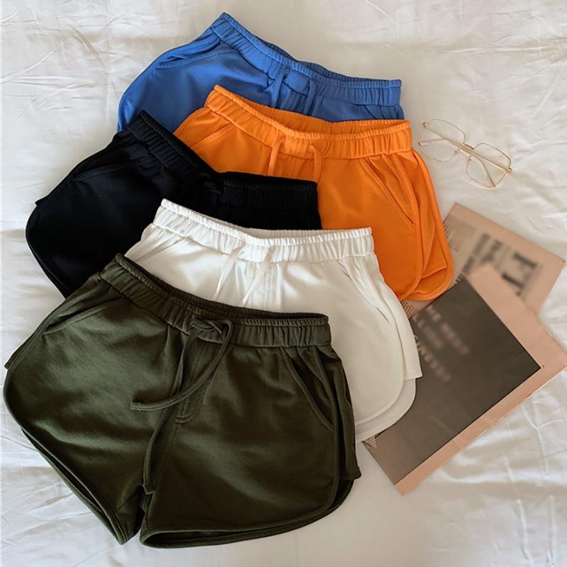 Summer Women Elastic Waist Shorts Solid Color Wide Leg Loose Casual High With Pockets Women's