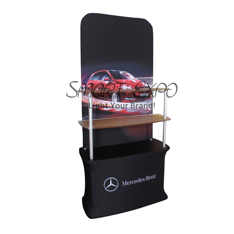Trade Fair Advertising Display Promtion Counter Rack with HDF Top-Bottom Boards Thick Aluminum Tube Tension Fabric Printed Graphic Portable Carry Bag