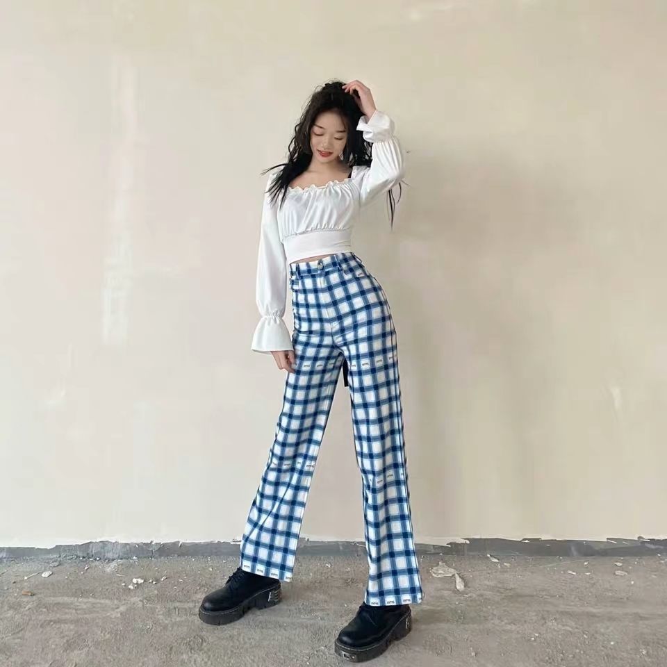 Wonder Korean Plaid Long Pants Vintage High Waist Casual Street Retro Trousers Female Straight 210510