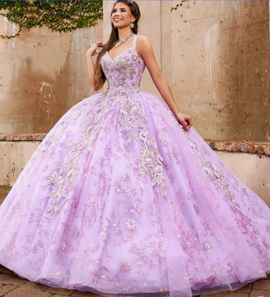 Purple Princess Quinceanera Dresses Lace Embroidery Sequin Ball Gown Vestidos De Quinceaera Plunging Neck Sweet 16 Dress