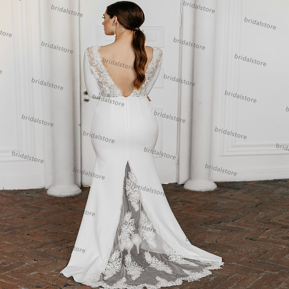 Simple Backless Beach Mermaid Wedding Dress With Long Sleeve Lace Boho Bridal Dresses Chic Satin Civil Bride Gowns Bohemain Women Robes De Mariage Ves