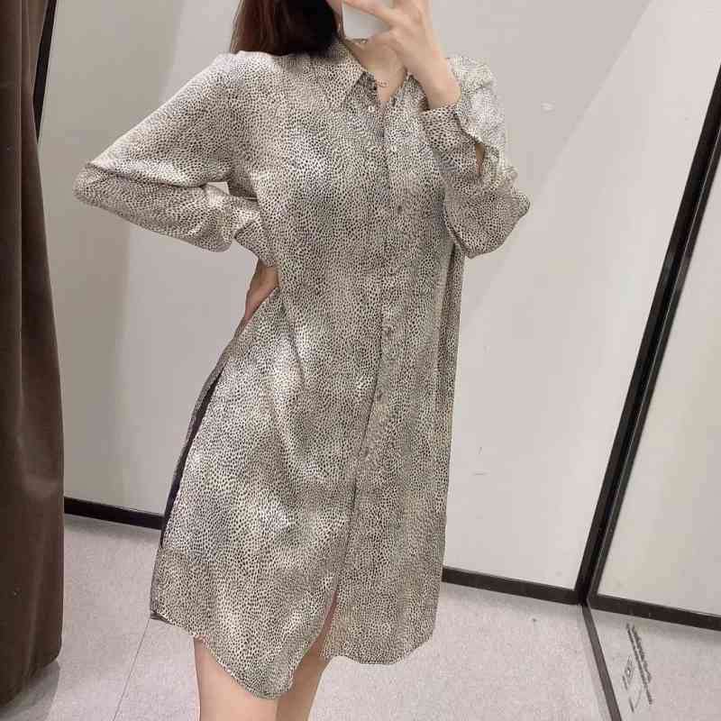 Women Vintage Leopard Print Side Slit Long Shirt Casual Femme Nine Quarter Sleeve Blouse Lady Loose Tops Blusas S8111 210430