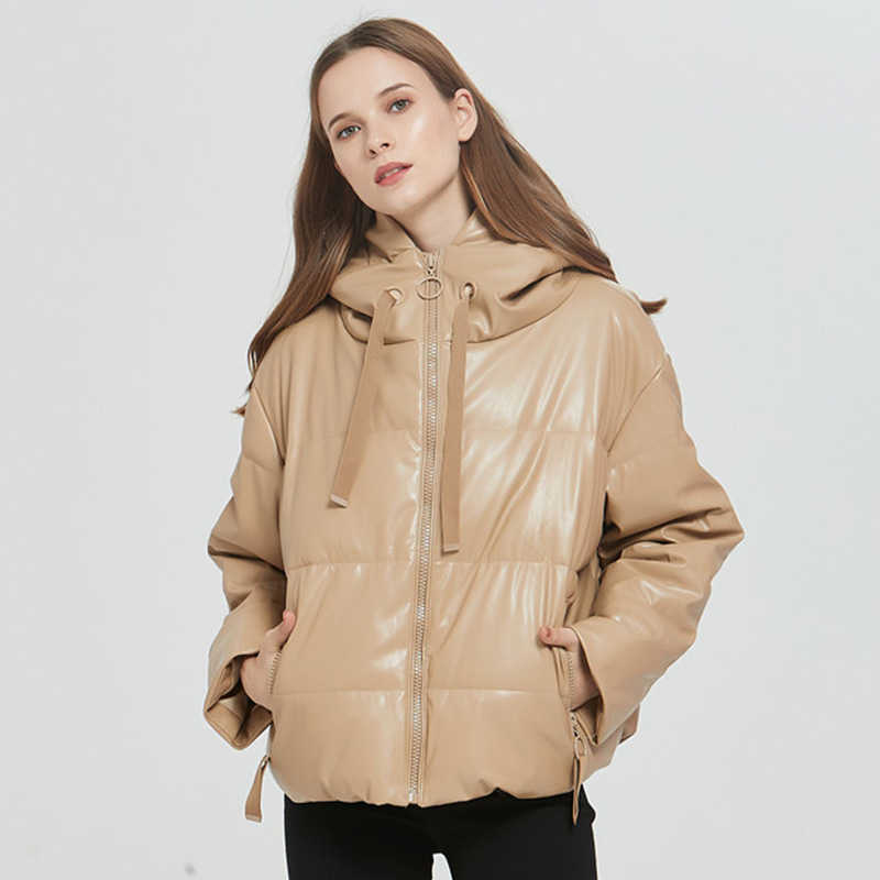 LY VAREY LIN Winter Women Faux Leather Padded Hooded Coat Thick Warm PU Zipper Loose Oversized Jacket Casual Windbreak Outwear 210526