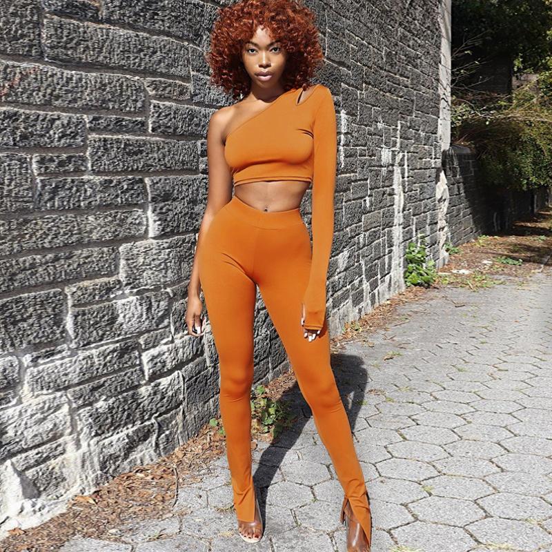 Long Sleeve One-Shoulder Hollow Out Cut Solid Tshirt Top Leggings 2 Pieces Set Autumn Winter Women Tracksuit Women's Tracksuits