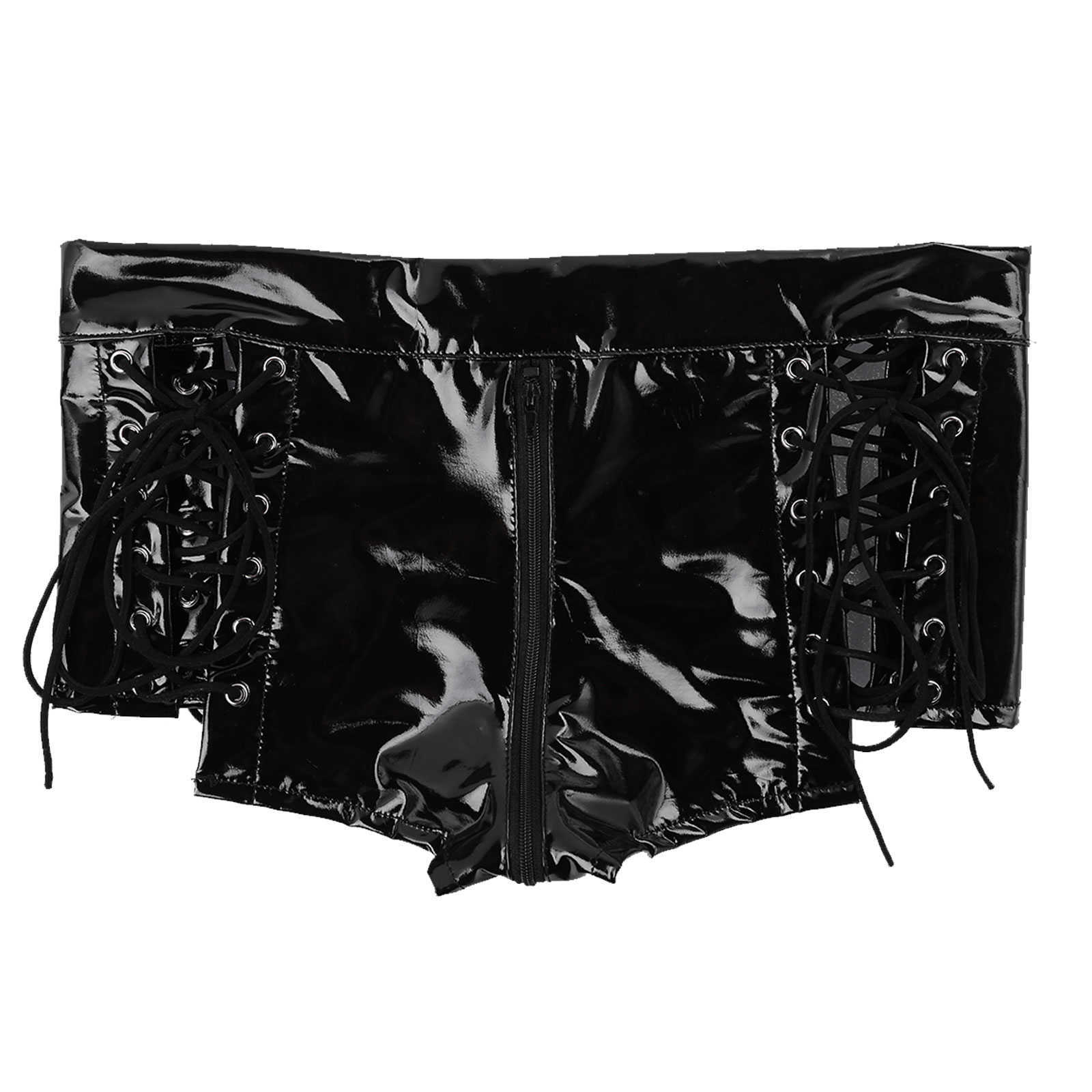 Womens Wetlook Sexy Mini Shorts Leather Low Rise Hollow Out Lace-up Zipper Crotch Booty for Night Cocktail Party Clubwear 210724
