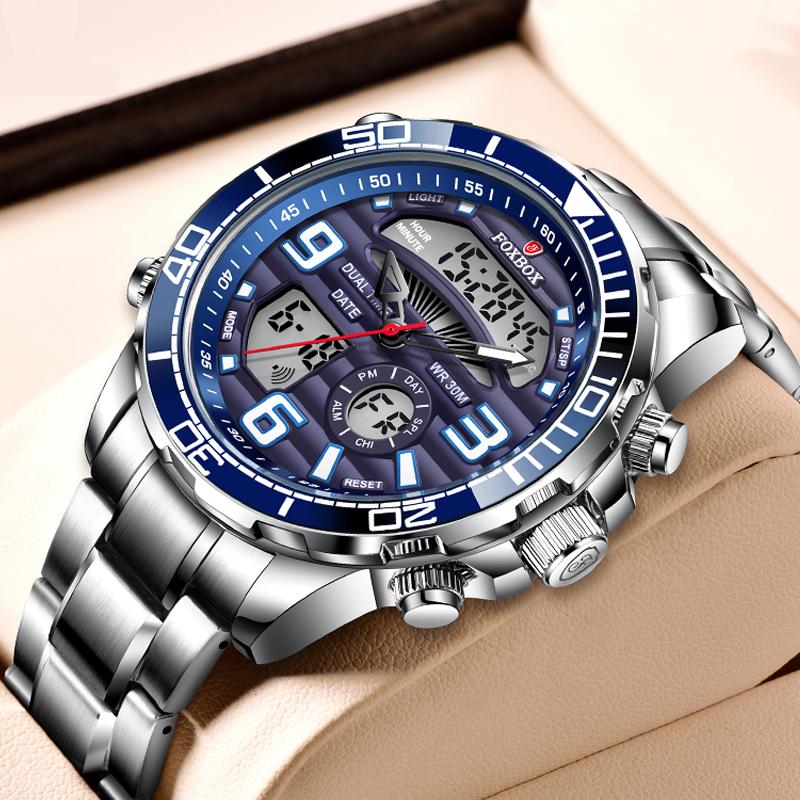 Wristwatches Mens Watches 2021 FOXBOX Dual Display Stainless Steel Sport Wrist Watch For Men Waterproof Date Clock Relogio Masculino+Box, Blue
Wristwatches Mens Watches 2021 FOXBOX Dual Display Stainless Steel Sport Wrist Watch For Men Waterproof Date Clock Relogio Masculino+Box, Blue