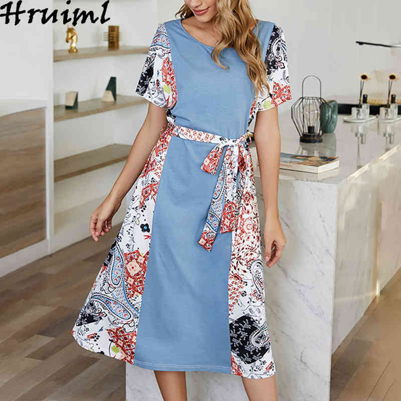 Patchwork Dress Printing Strappy Loose Short Sleeve Clothes for Women Fashion Personalized Mid-Calf Office Lady Kleider Damen 210513
