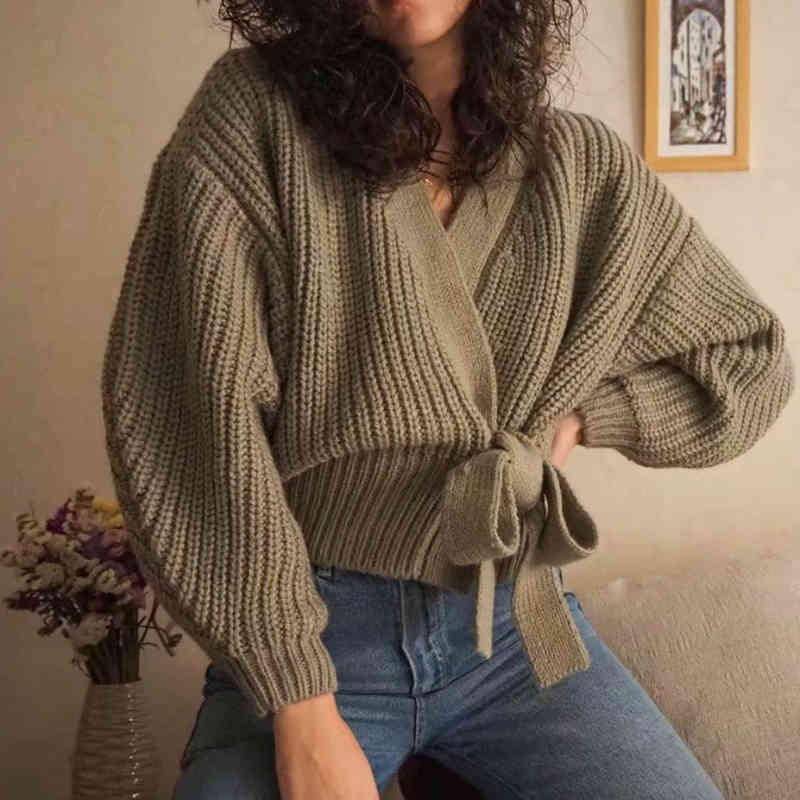 Casual Woman Oversized V Neck Belt Sweater Fashion Ladies Autumn Knitted Loose Tops Female Chic Soild Color Sweaters 210515