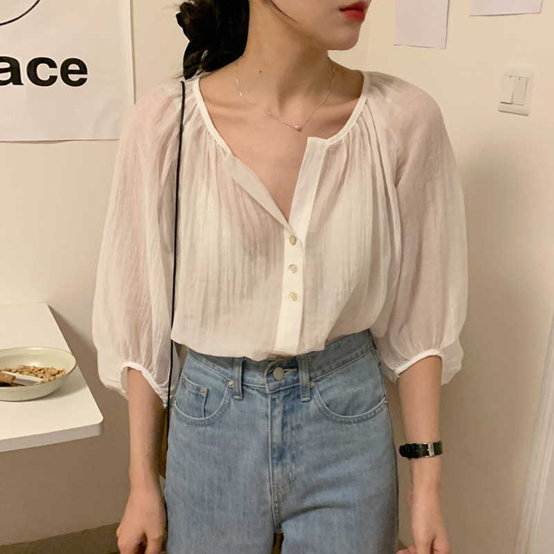Korejpaa Women Shirt Summer Temperament Single-Breasted Seven-Point Lantern Sleeves Micro-Transparent Sunscreen Blouses 210526