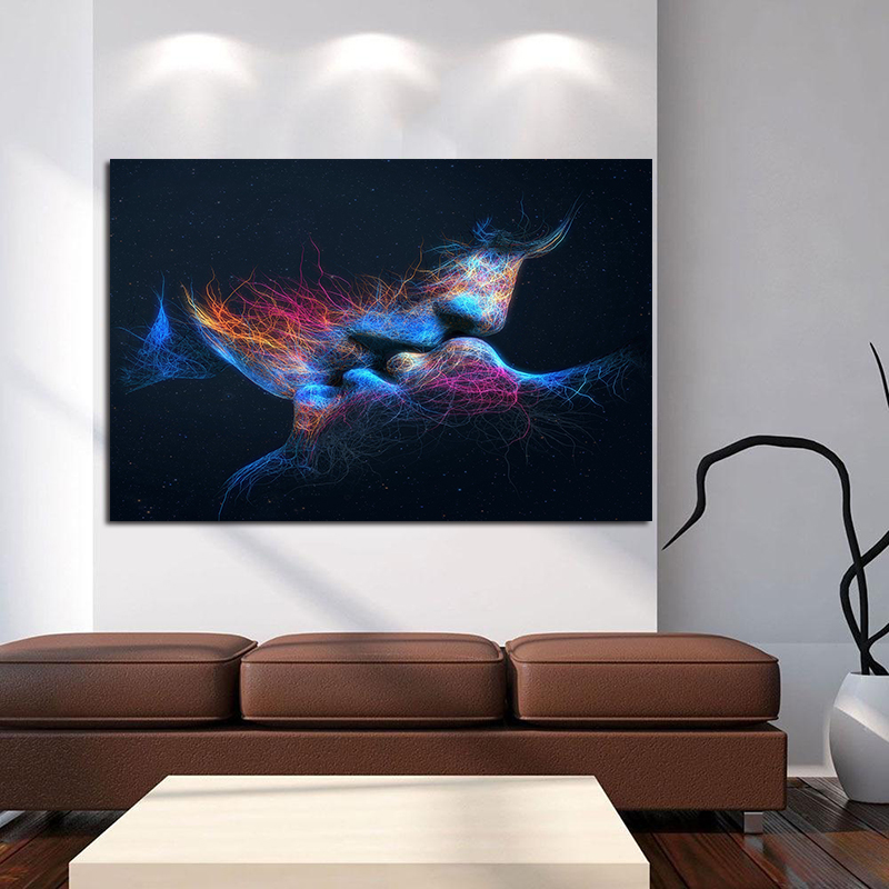 Modern Decorative Painting Blue Color Kiss Pictures Printed On Canvas Wall Abstract Art Decoration Canvas Prints