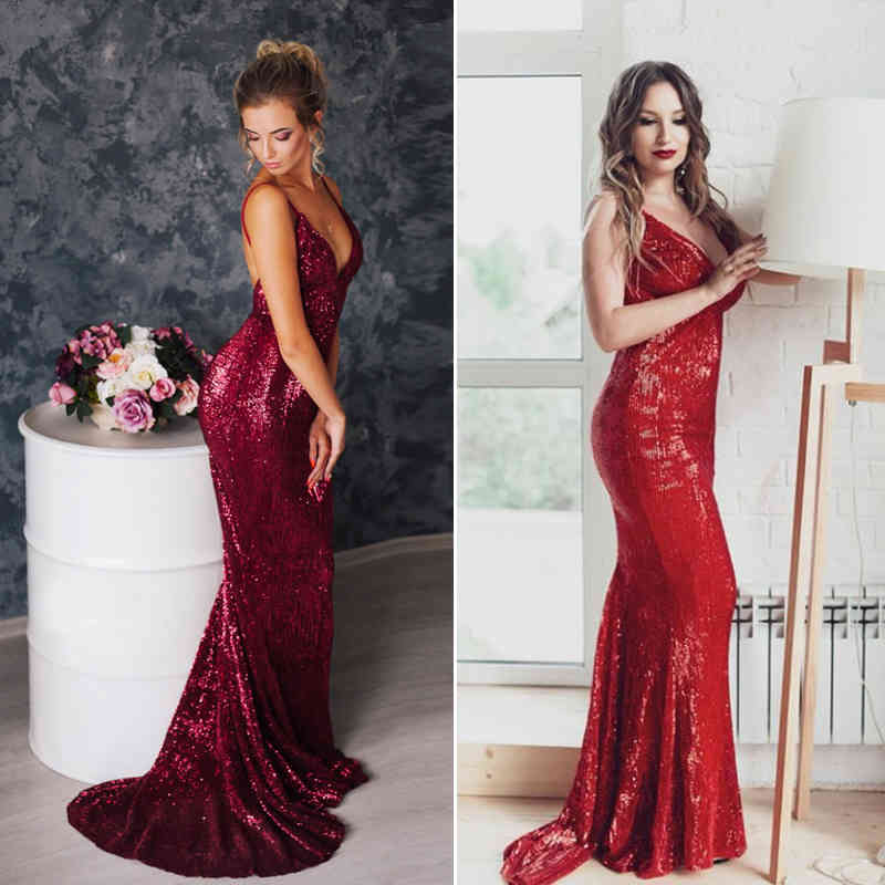 Sexy Silver Sequined Maxi Party Dress Stretch Floor Length Navy Sequins Backless Padded Bodycon V Neck Full Lining Black Dress 210409