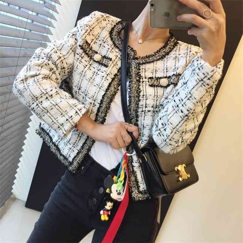 Korean Vintage Elegant Tweed Coats Jackets Women Autumn Winter Long Sleeve O-neck Fashion Ladies Jackets 210515
