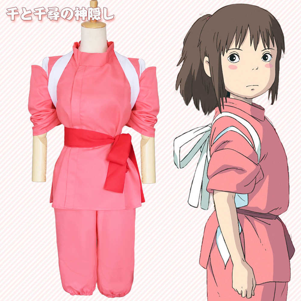 Hot Anime Movie Spirited Away Cosplay Suits Takino Chihiro Show Costumes Kamikakushi Girls Pink Kimono Sets Ladies Party Wig Y0913