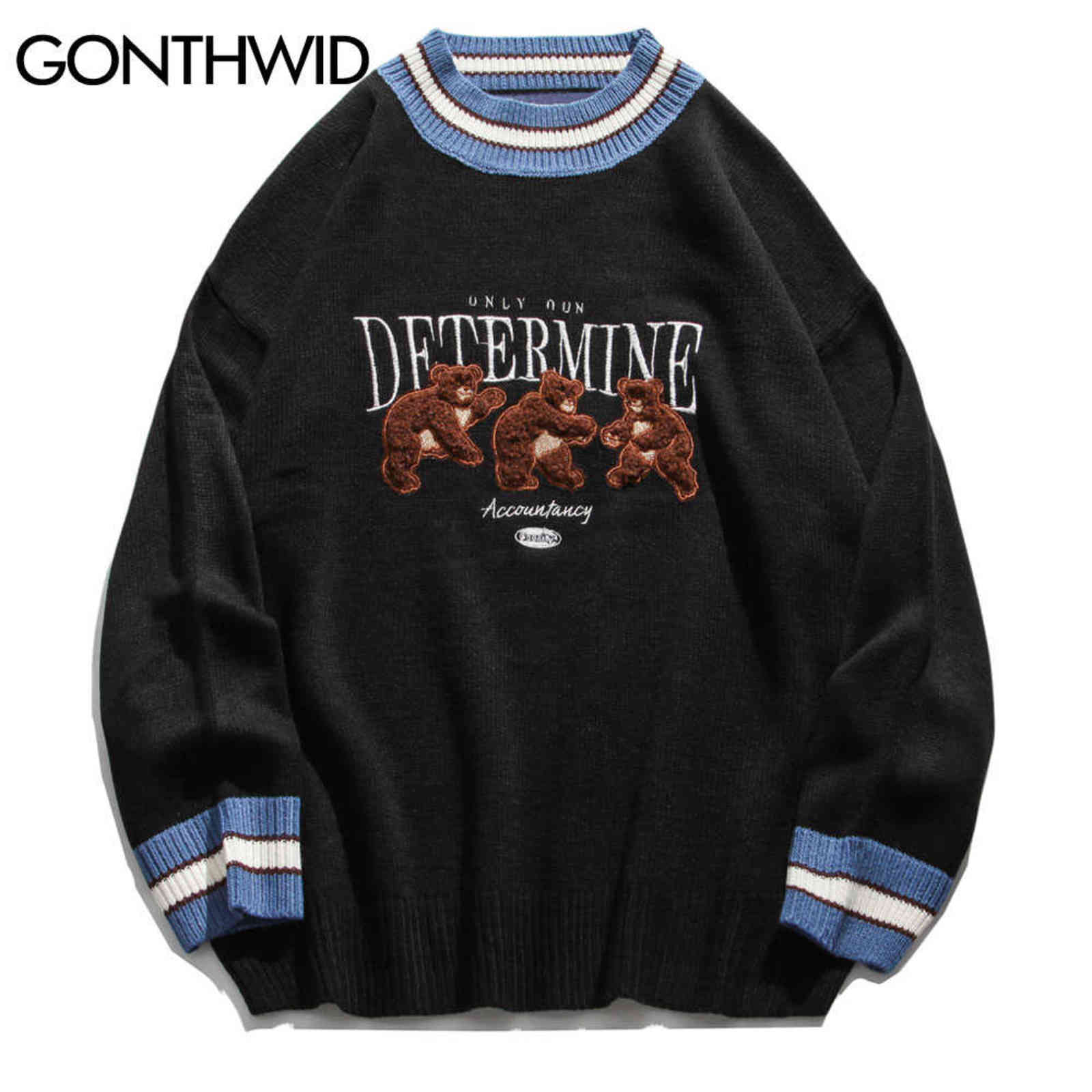 GONTHWID Bear Patchwork Striped Knitted Jumpers Sweaters Streetwear Hip Hop Harajuku Casual Pullover knitwear Mens Fashion Tops 211102