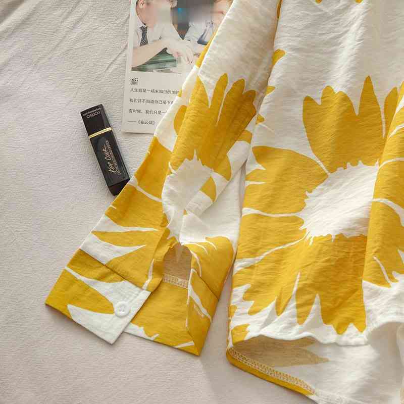 Kimutomo Fashion Yellow Floral Print Blouse and Shirt Women Spring Fresh Style Turn-down Collar Long Sleeve Top Casual 210521