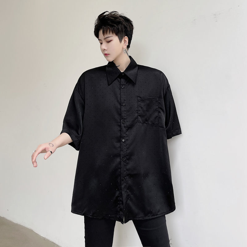 IEFB Summer fixrhinestone Loose Men's Short Sleeve Shirt Two Color Lapel Signle Breasted Loose Big Size Shirts 9Y7529 210524