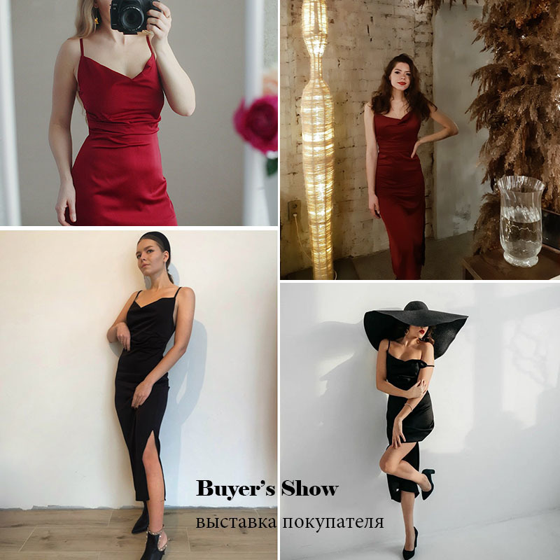 Ordifree Summer Vintage Women Satin Slip Dress Spaghetti Strap Side Slit Black Burgundy Silk Sexy Long Party Dress 210409