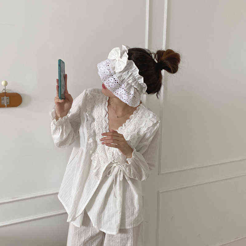 Alien Kitty Korean Autumn Lace Elegant Pure Color Cotton Pajamas Women Cotton Sweet Style Pajamas Set Home Clothes 211109