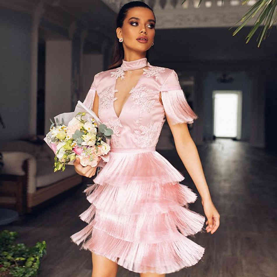 Summer Women Lace Bodycon Bandage Dress Sexy Short Sleeve Tassel Mini Club Celebrity Runway Party Dresses Vestido 210423