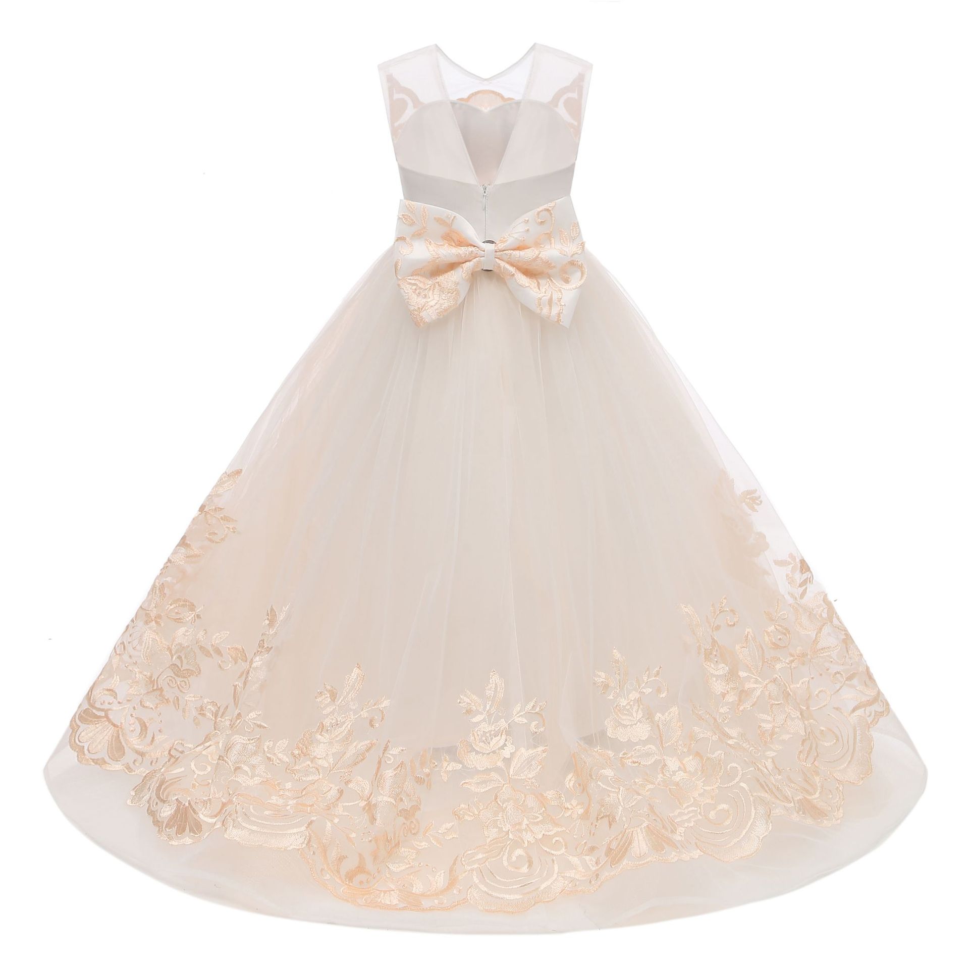 Champagne Lavender Lace Little Girls Pageant Dresses 3D Floral Appliques Toddler Ball Gown Flower Girl Dress Floor Length Tulle First Communion Gowns 