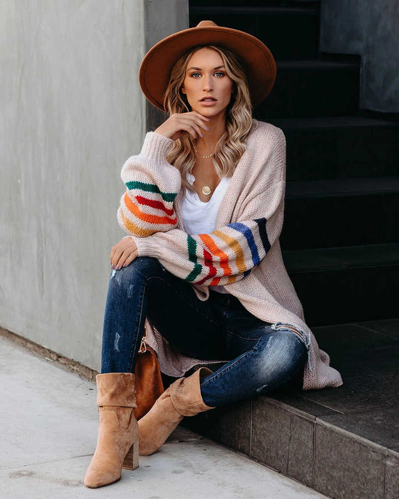 Fitshinling Rainbow Striped Boho Cardigan Winter Long Coat Female Knitwear Pink Slim Sweaters Cardigans For Women Clothes 210812