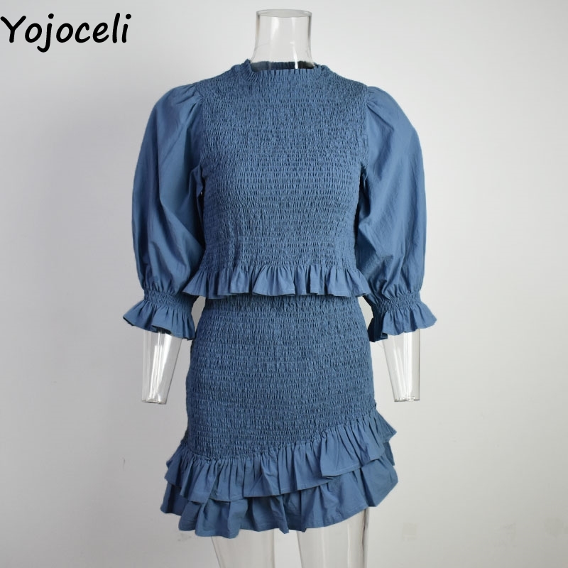Yojoceli Elegant ruffle bodycon dress women 2 piece set Summer party casual dress female Cool beach short cool mini dresses 210331
