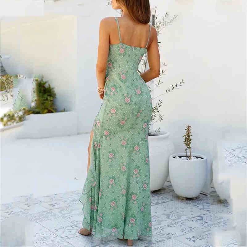 Foridol Floral Print Summer Maxi Dress Polka Dot Sleeveless Green Slit Ruffle Dress Backless Ruched Chiffon Dress Sundress 210415