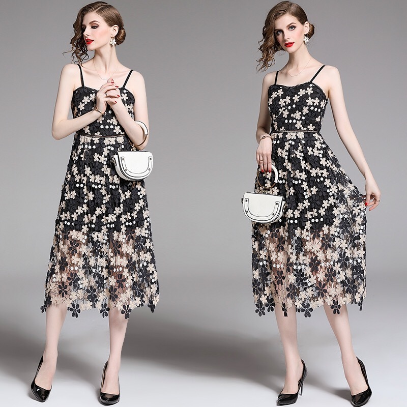 vintage flower embroidery high waist spaghetti robe longue elegant black sexy dress women summer SP lace midi dresses 210421