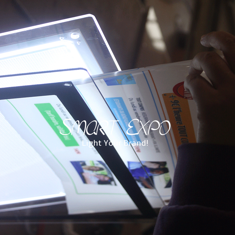 A3 Counter Crystal Light Box Advertising Display Featuring Free Standing on Table Supported by Steel Bolts and Wooden Case Packing