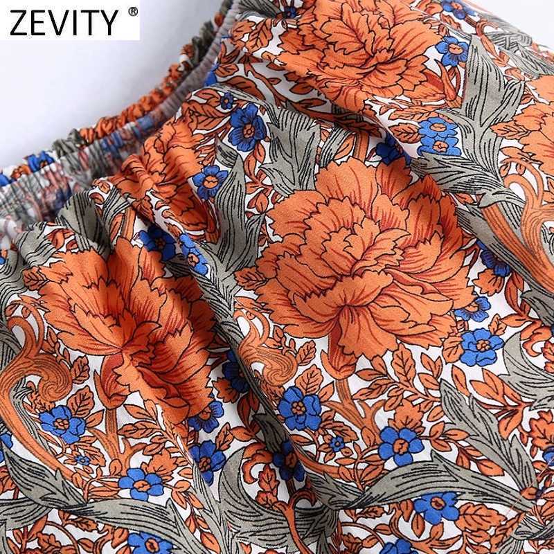 Zevity Women Holiday Tropical Floral Printing Elastic Short Smock Blouse Female Off Shoulder Ruffles Shirt Chic Crop Tops LS9218 210603