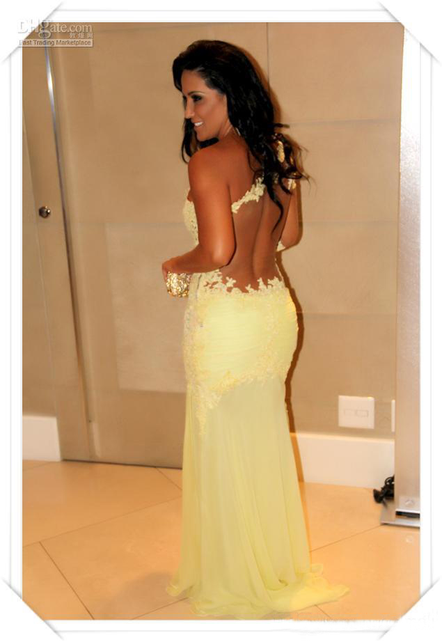 Yellow Mermaid Oscar Lace Sleeve Prom Sheer Chiffon Evening Gowns Long Celebrity Red Carpet Dresses One Shoulder Neckline