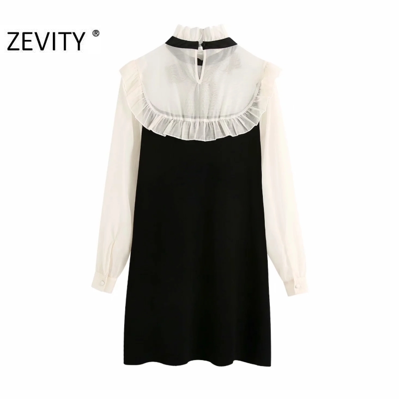 ZEVITY women elegant bow tied chiffon patchwork knitting ruffles shirtdress Office lady casual vestidos chic mini dresses DS4528 210419