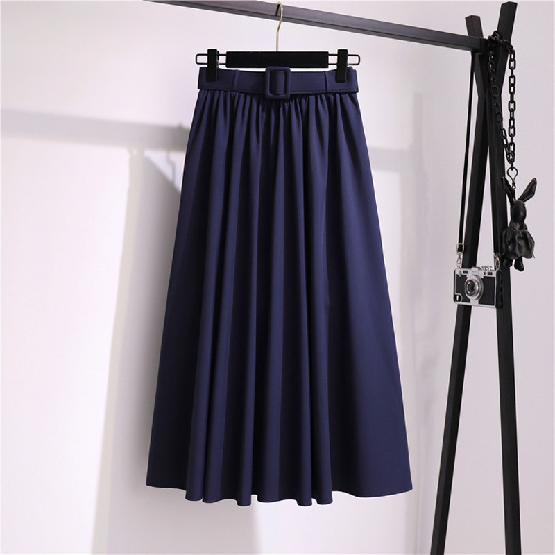 Soild With Belt Pleated Skirts Women Summer High Waist Vintage Splicing A-line Skirt Lady New Elegant Ruffles Midi Skirts 210415