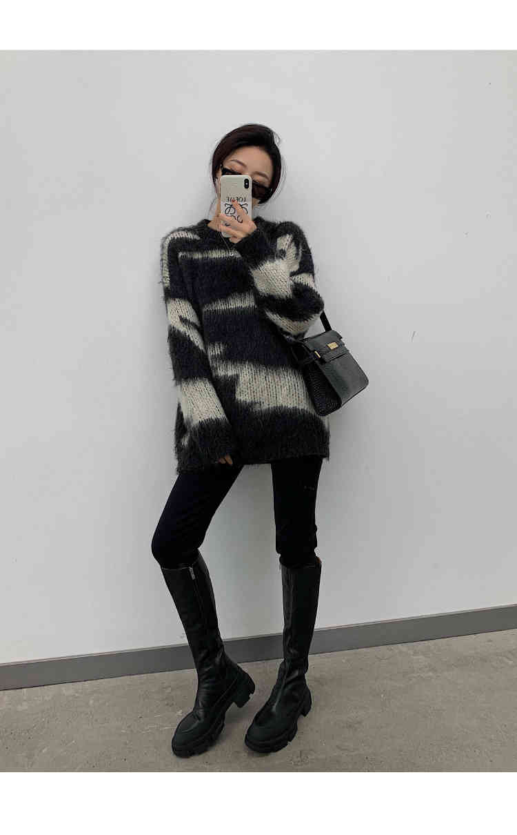 Mohair Striped Oversized Sweater Pullover Women Winter Long Loose Knitted Korean Fashion Clothing 210427