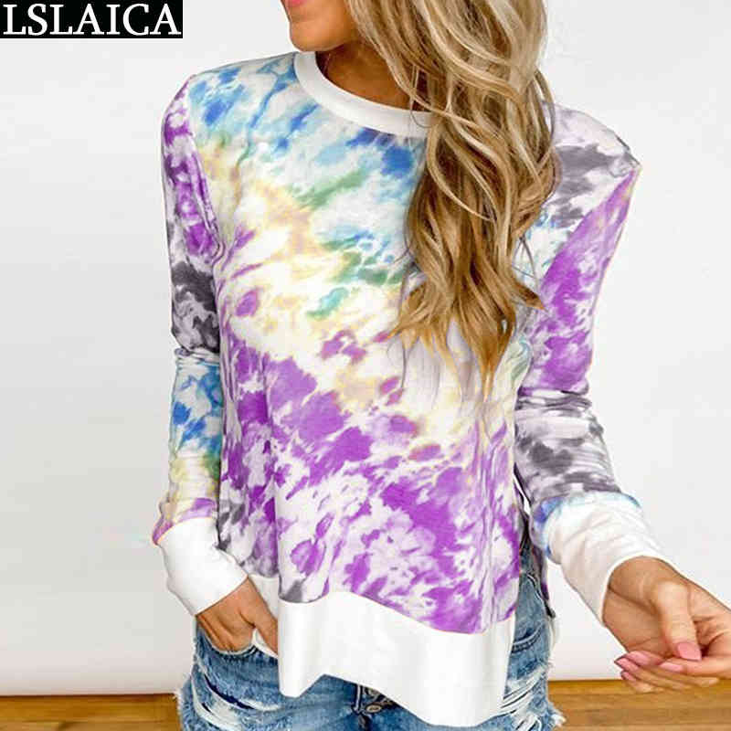 Woman Tshirts Tie Dye Print Vintage Long Sleeve O Shirts For Women Plus Size 5xl Fashion Tops T Shirt Casual Loose 210520