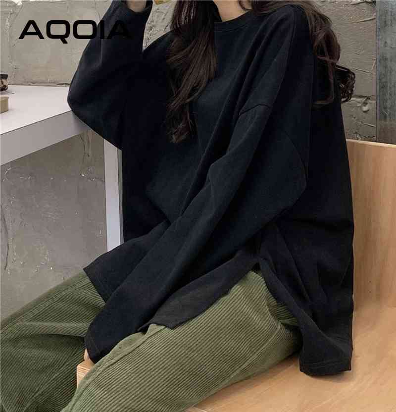 AQOIA Streetwear Y2K Long Sleeve White Black Women T Shirt Plus Size Loose ops Autumn irregular Split Female Shirts 210521