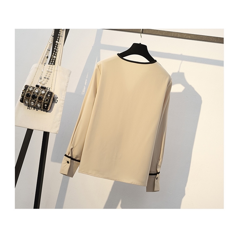 Spring Women's white chiffon Long Sleeve V-Neck Shirt Top+ Black A Line Skirt Set Two Piece Suit 210519