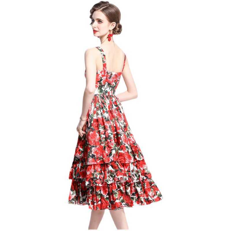 Women Summer Elegant Rose Print Sexy Wedding Party Robe Femme Vintage Red Condole belt Cake Dress Vestidos 210525