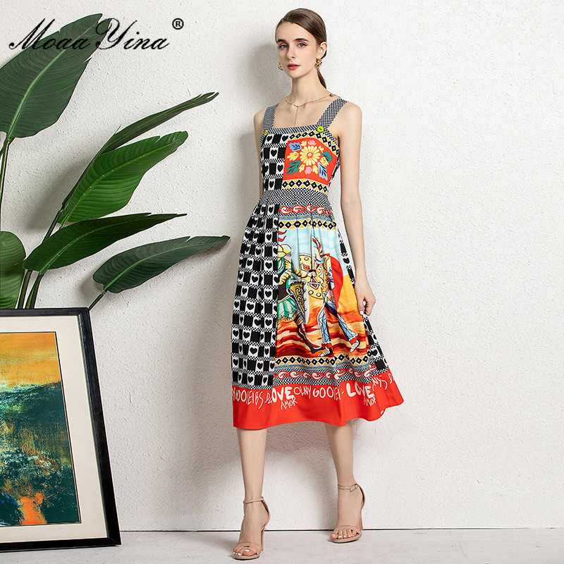 Summer Runway Fashion Spaghetti Strap Dress Women's Jigsaw Flower Print High waist Vintage Party Midi 210524