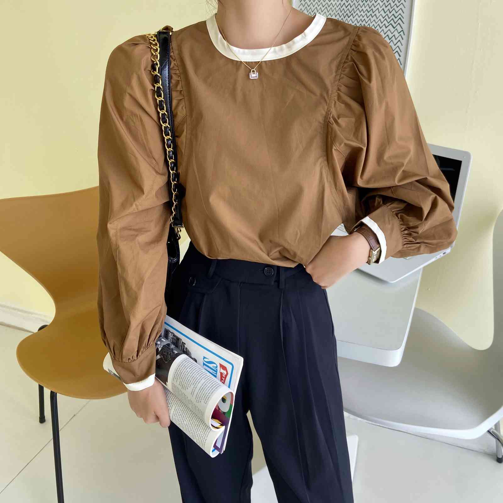 Nomikuma Autumn Women Blouse Causal Hit Color Patchwork O-neck Blusas Femme Korean Puff Long Sleeve Pullover Shirt 6D064 210427