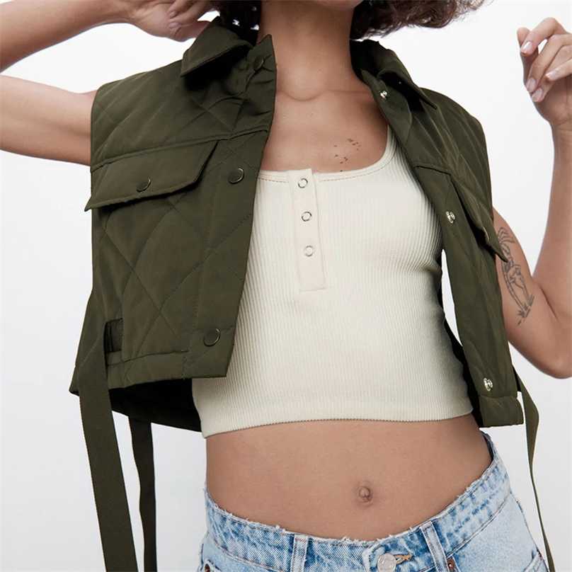 Stylish Chic Green Pocekts Quilting Cropped Vests Women Fashion Side Buttons Tie Turn-down Collar Waistcoat 211105